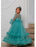 Long Sleeves Turquoise Tulle Ankle Length Flower Girl Dress